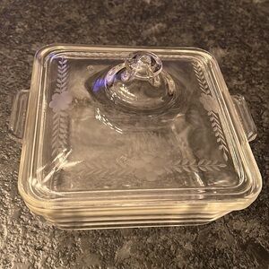 Antique Pyrex 1920s Square Clear Glass Baking Dish With Etched Floral Cover